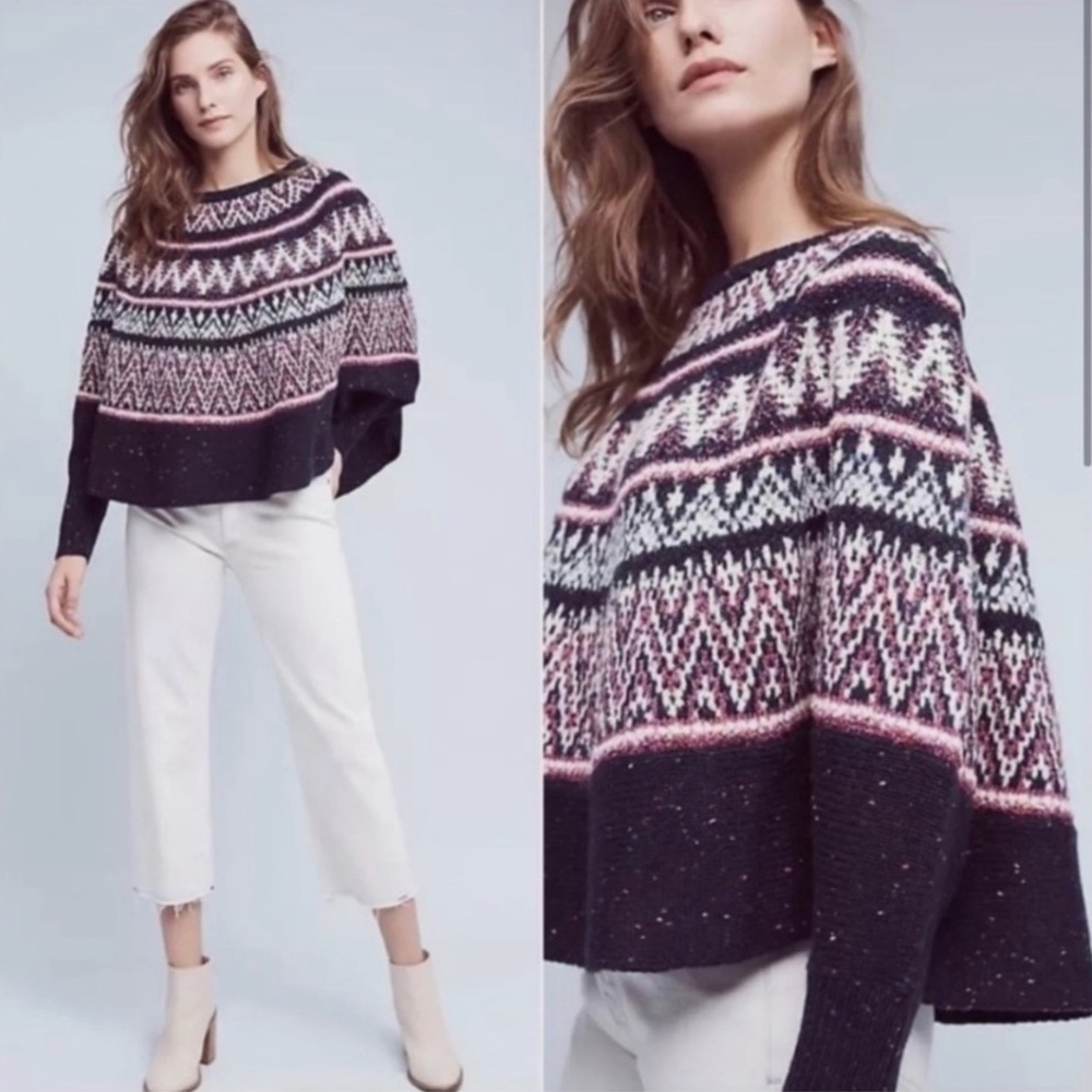 ANTHROPOLOGIE SLEEPING ON SNOW Navy Fair Isle Poncho Sweater Size XS/S